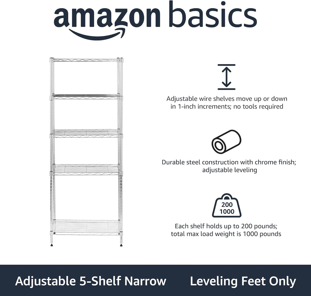 Amazon Basics 5-Shelf Adjustable, Storage Shelving Unit, (200 Pound Loading Capacity per Shelf), Steel Organizer Wire Rack, 23.2 x 13.4 x 60 inches (LxWxH), Chrome