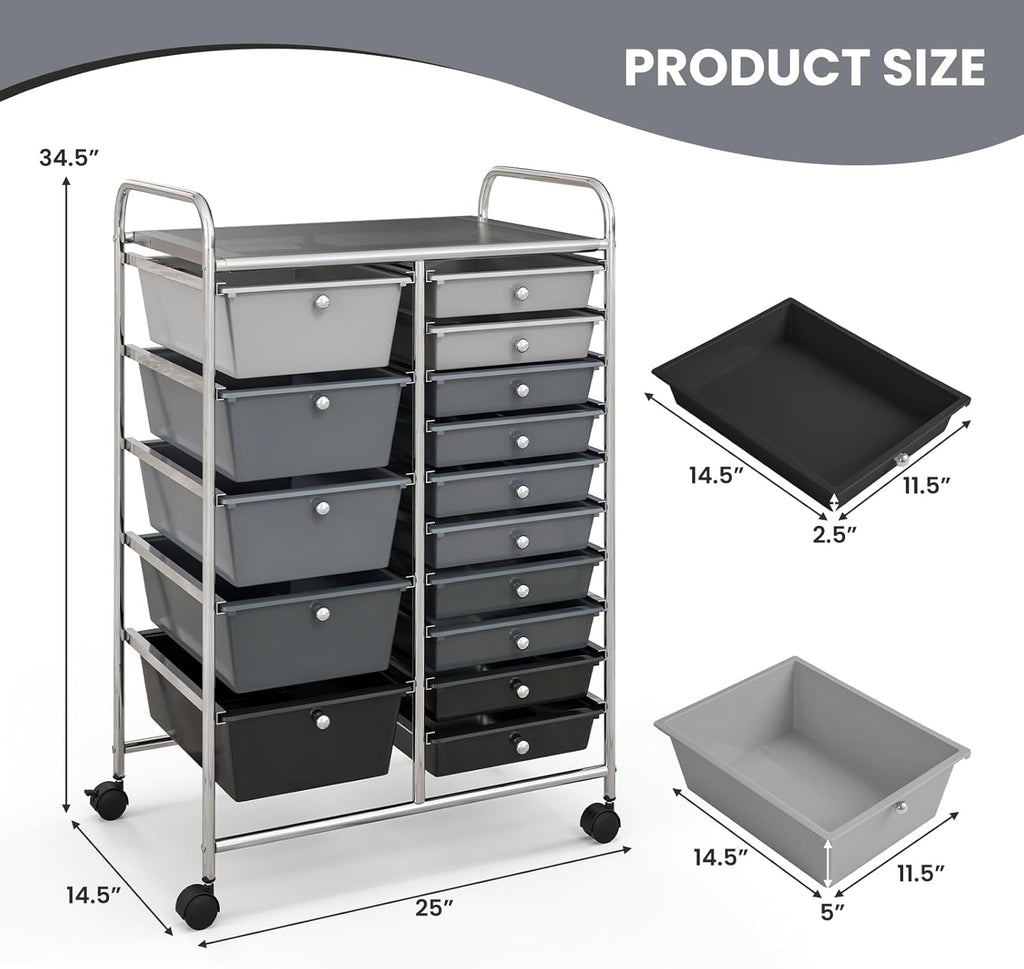 GOFLAME 15-Drawer Rolling Storage Cart, Multipurpose Movable Organizer Cart, Utility Cart for Home, Office, School, Gray Gradient