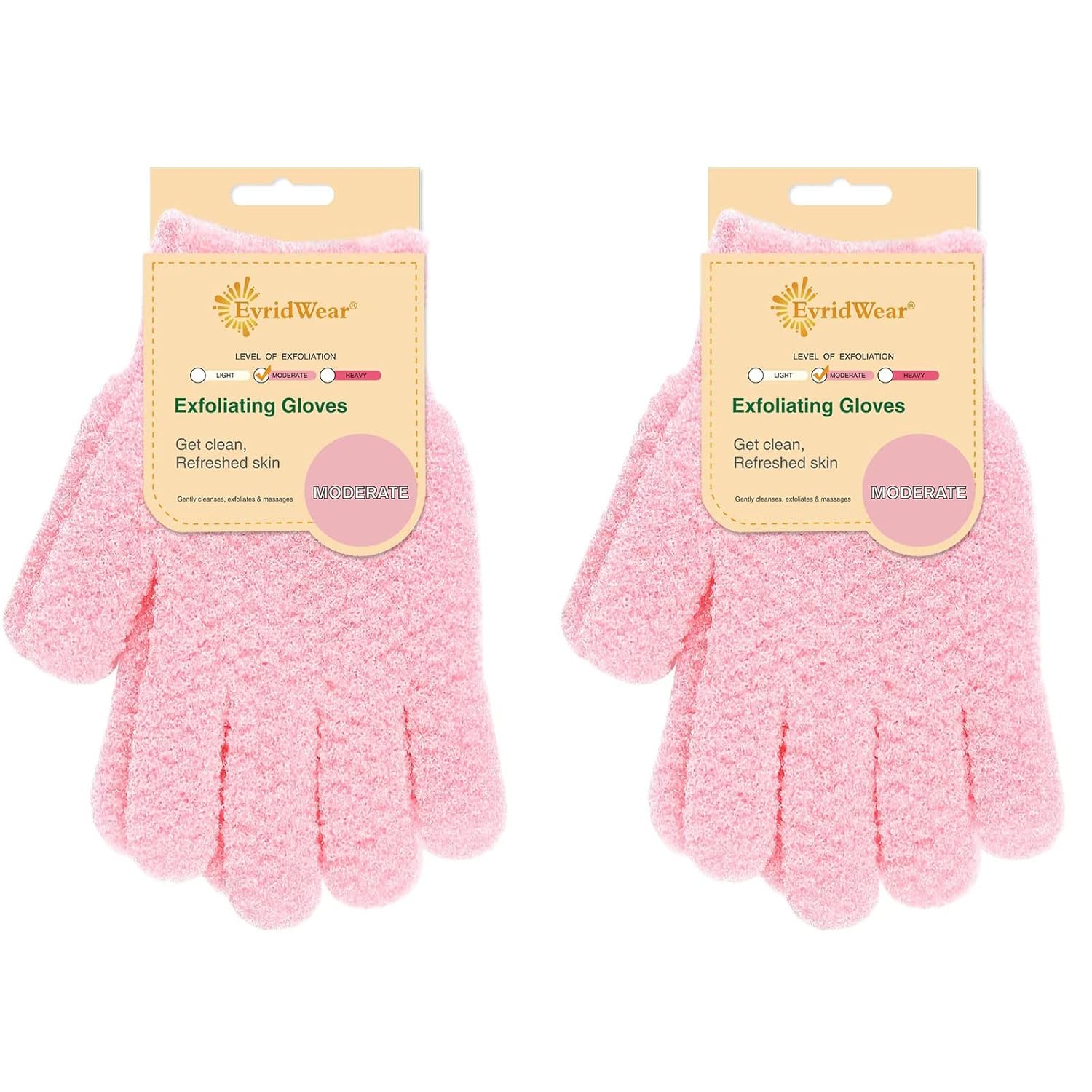 Evridwear Exfoliating Gloves for Shower, 100% Nylon Thick Soft Medium Heavy Bathing Gloves Dead Skin Remover Body Scrubber Smooth Skin with Hang Loop, 2 Pairs Moderate Pink