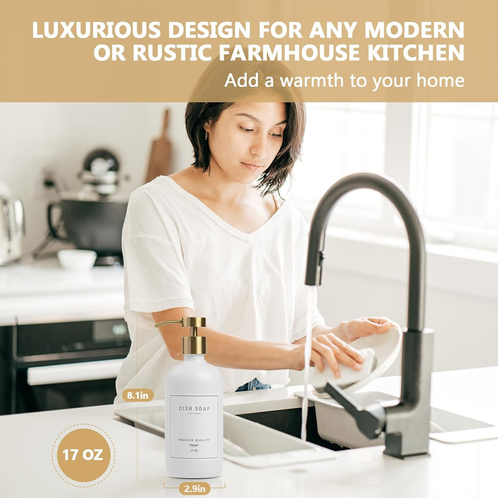 Soap Dispenser Bathroom - Kitchen Dish and Hand Soap Dispenser Set, Glass Bathroom Soap Lotion Dispenser with Pump, Tray, 14 Waterproof Labels, Set of 2 White Bottle/Gold Pump-pd