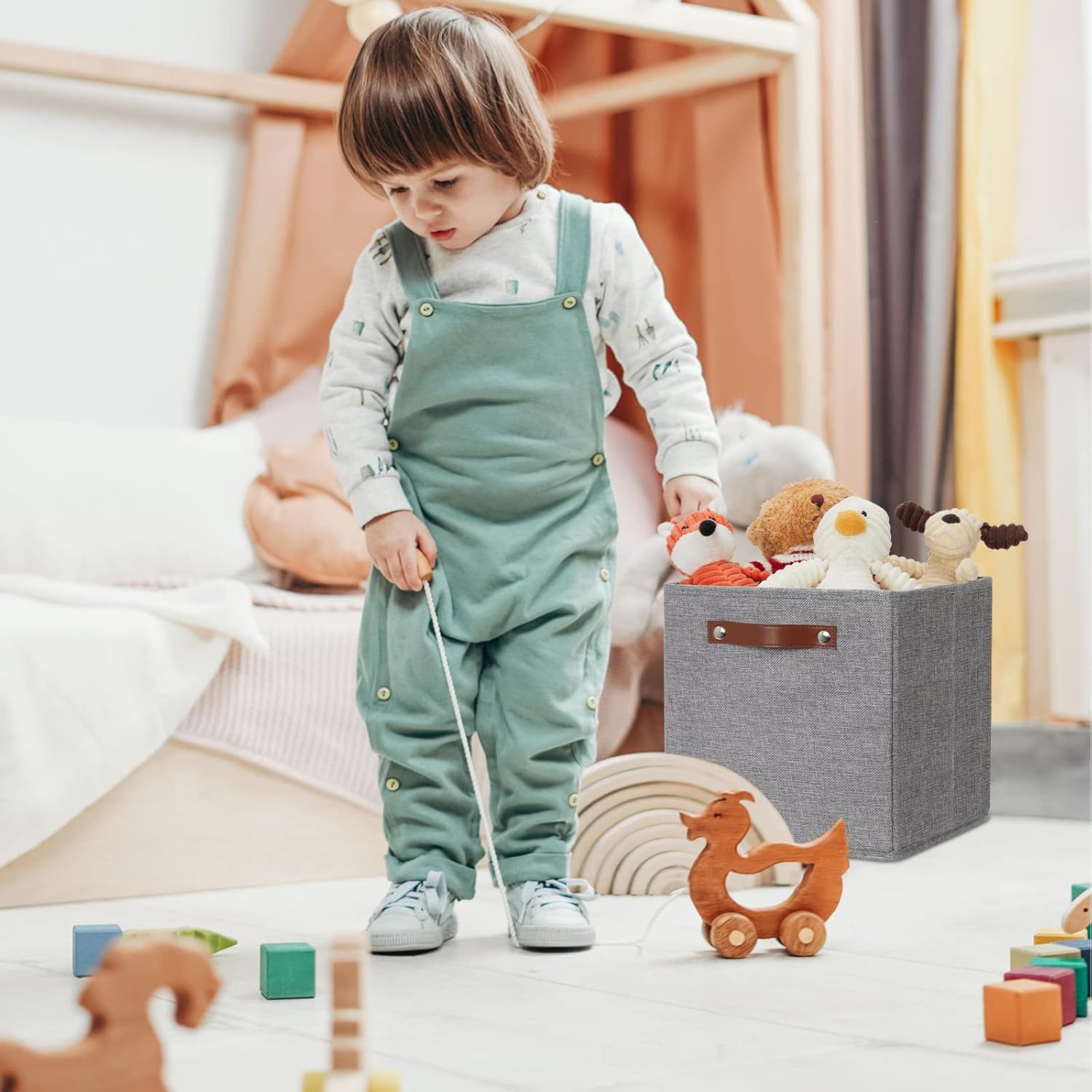 DULLEMELO 11x11 Cube Collapsible Fabric Storage Bins for Shelf Organizing, Toy Square Bins, Kids Clothes Closet Baskets Storage, for Bedroom, Living Room, Dorm(Gray-4 Pack)