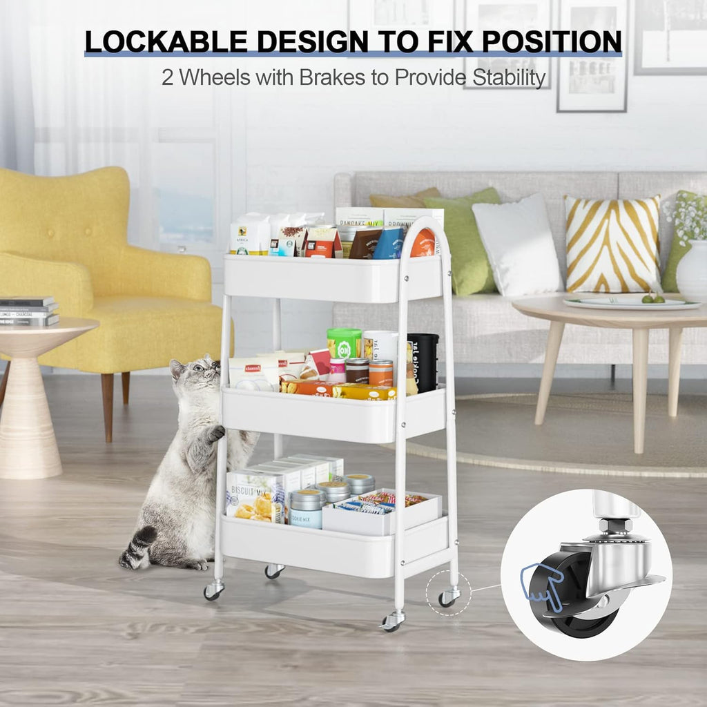 EAGMAK 3 Tier Utility Rolling Cart, Metal Storage Cart with Handle and Lockable Wheels, Multifunctional Storage Organizer Trolley with Mesh Baskets for Kitchen, Living Room, Office, Garage (White)