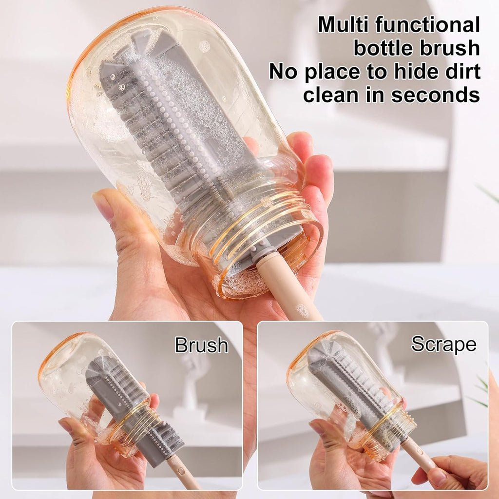 Baby Bottle Drying Rack，Travel Baby Bottle Drying Rack Set, Cleaner Kit with Silicone Bottle Brush,Straw Brush, Suitable for Home use or Traveling with Babies (Coffee Color)