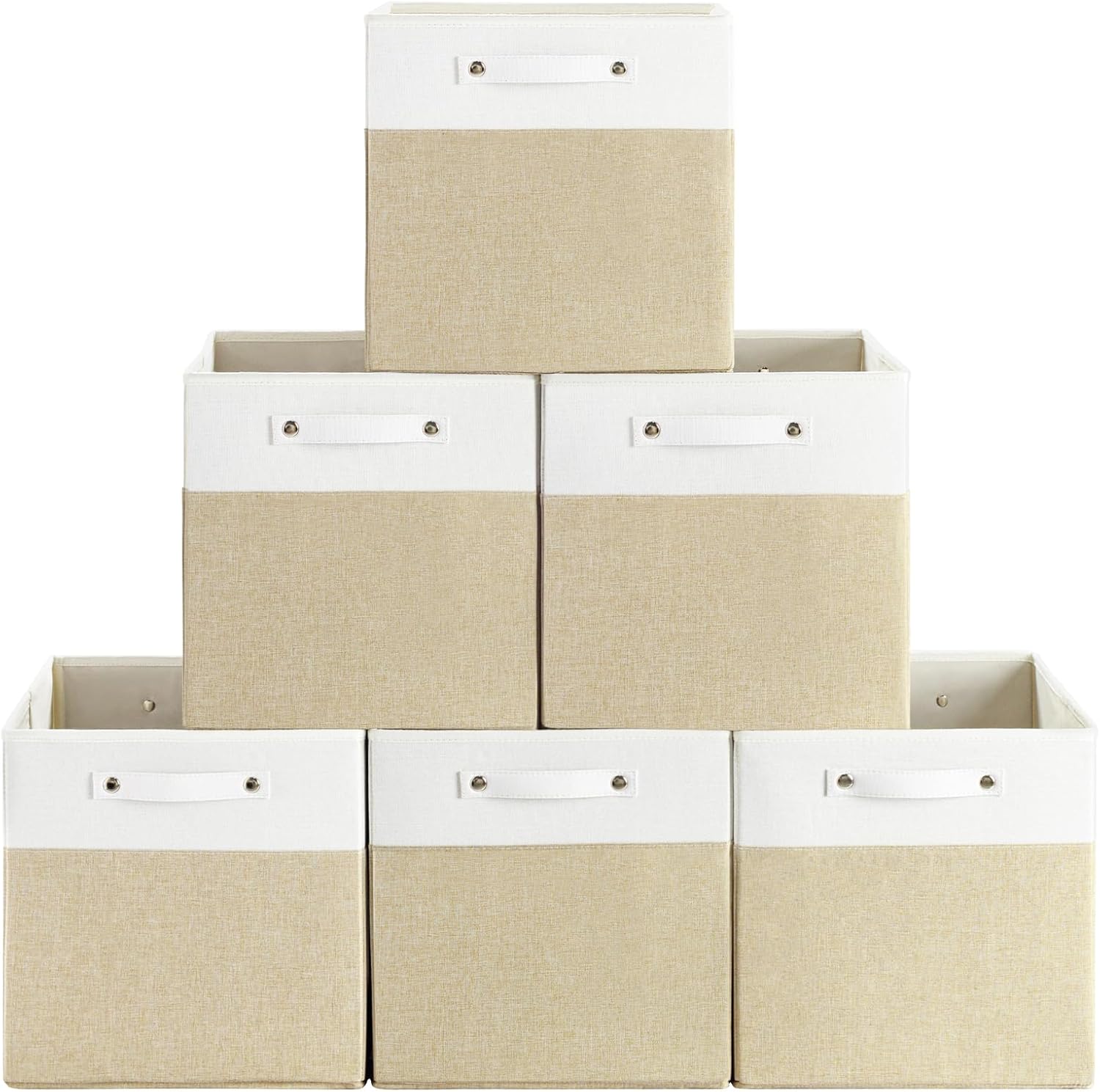 13 x 13 Inch Fine Linen Storage Bins with Handles，Fabric Cube Boxs，Collapsible Basket Organizers for Shelves for Home, Closet Drawers (White/Khaki-6 Pack)
