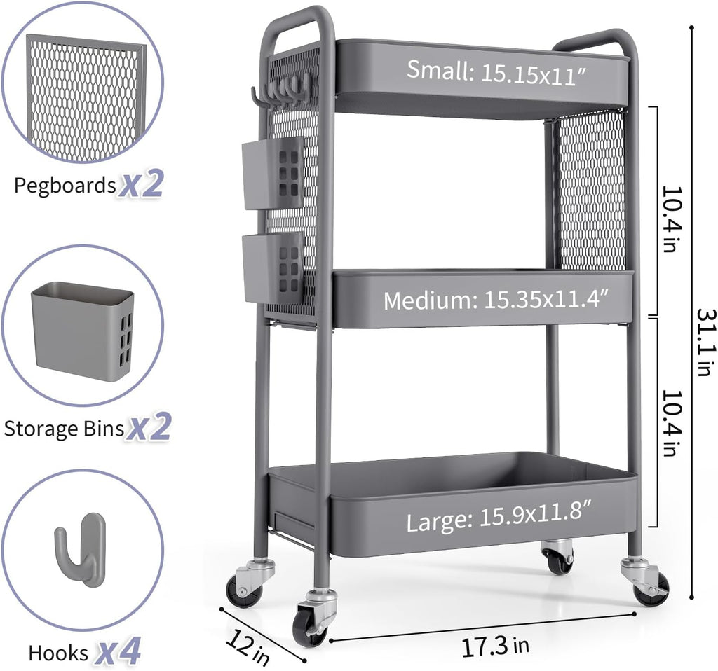 TOOLF 3 Tier Rolling Cart Storage Organizer, Metal Rolling Utility Cart with Wheels, Hooks & Bins Esthetician Craft Art Sturdy Storage with Pegboard for Bathroom, Kitchen, Office, Nursery Diaper