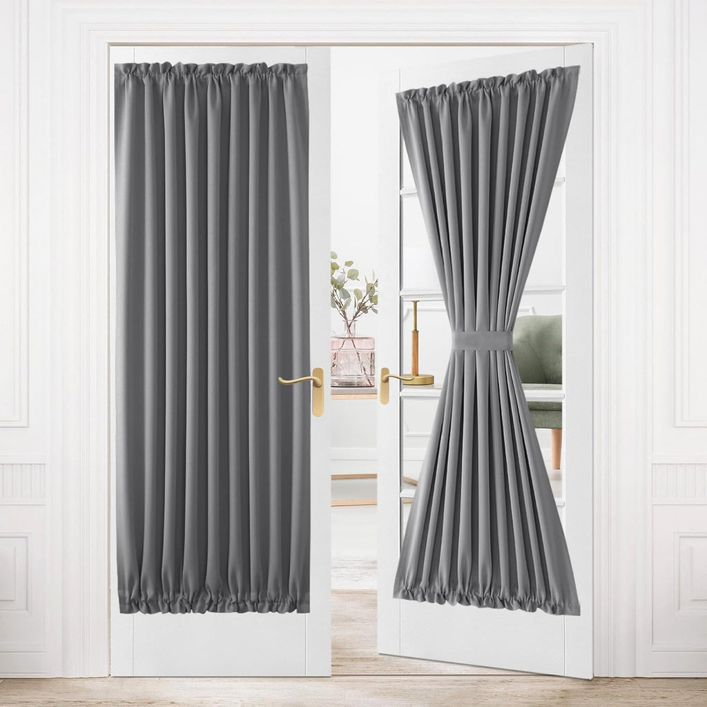 DWCN French Door Curtains – Rod Pocket Thermal Blackout Curtain for Doors with Glass Window, Kitchen and Patio Doors for Privacy, 54 X 80 Inches Long, 1 Curtain Panel with Tieback, Grey