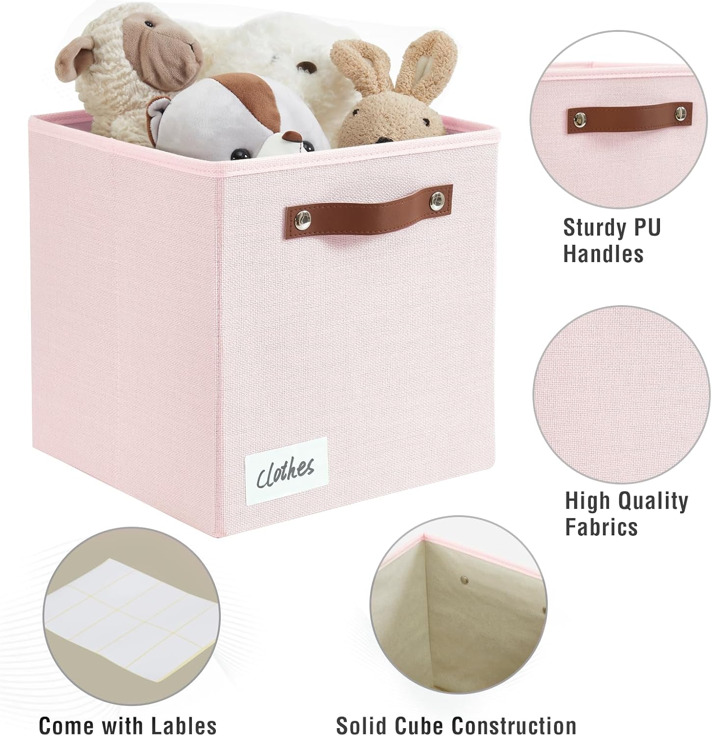 Collapsible Fabric Storage Cube Bins with 2 Reinforced PU Handles, Foldable Storage Organizer Baskets for Closet, Shelves, Living Room | 11"x11"x11", 4 Pack, Full Pink