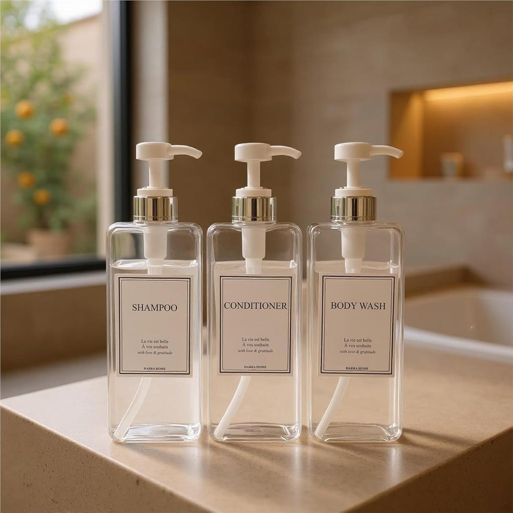 Modern Design Large 27 oz Shampoo and Conditioner Dispensers - Empty Plastic Refillable Pump Bottle Set for Bathroom Shower Soap Dispenser, Set of 3 (Clear & Silver)