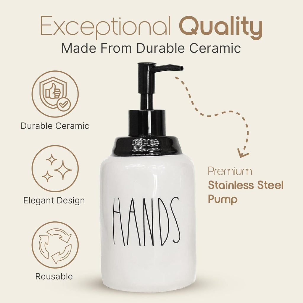 Modern Farmhouse Ceramic Dishes and Hands Soap Dispenser Set for Kitchen | Stainless Steel Pumps | 14oz, White Bottles | Kitchen Décor for Counter