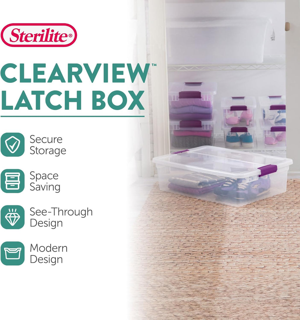 Sterilite 12-Pack 32 Quart ClearView Latch Box, Stackable Organizer Bins with Latching Lids - Clear Plastic Organization Containers for Closet, Bedroom, Shelving Units and Everyday Home Storage