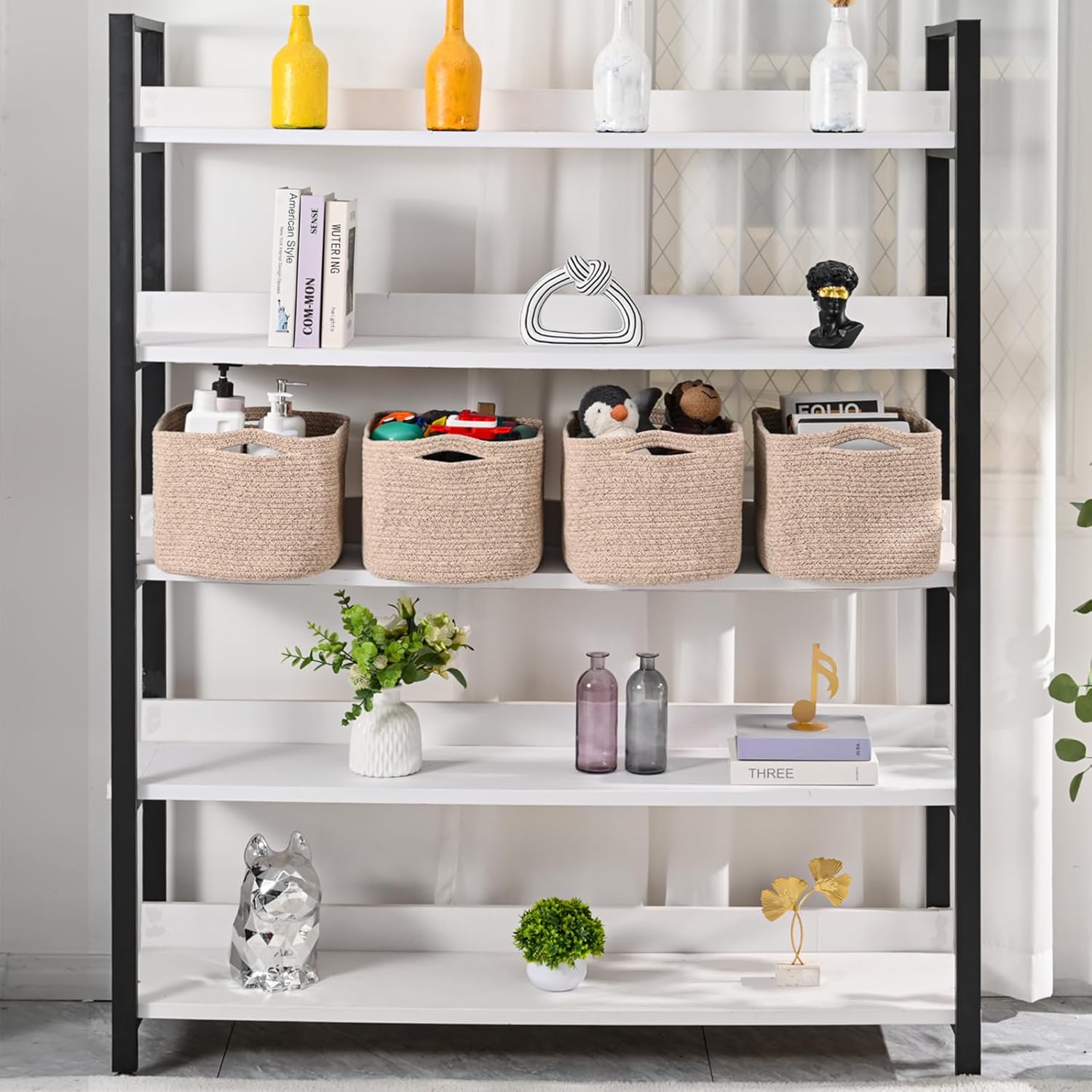 Storage Baskets for Organizing & Shelves, Woven Cotton Rope Organization Bins for Dog Toys, Clothes, Books, Nursery Organizer, 15" Lx11''Wx9.5''H, (4 Packs) Brown