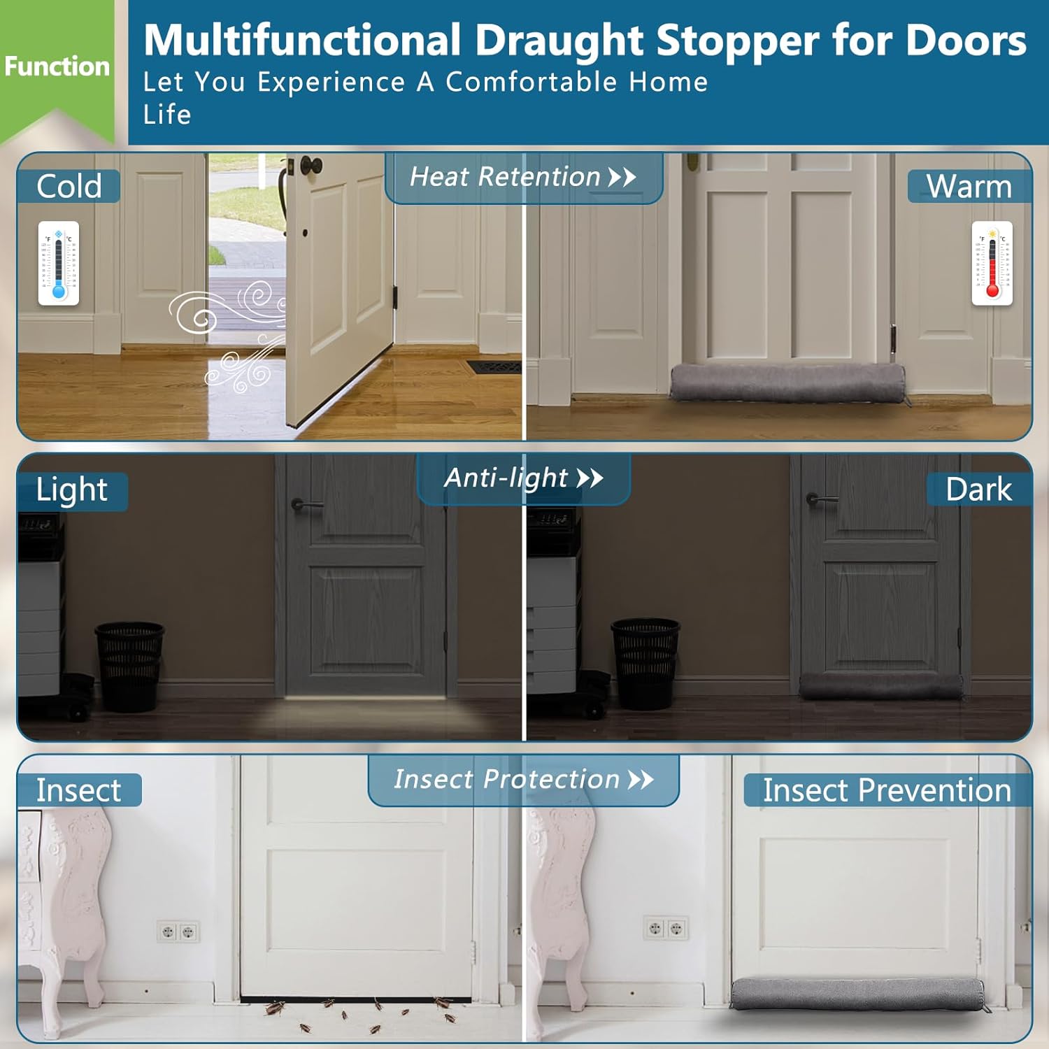 Triangular Under Door Draft Stopper 40 inch Heavy Duty Door Draft Blocker Bottom Door Seal Noise Air Door Guard for Doors and Windows, Gray