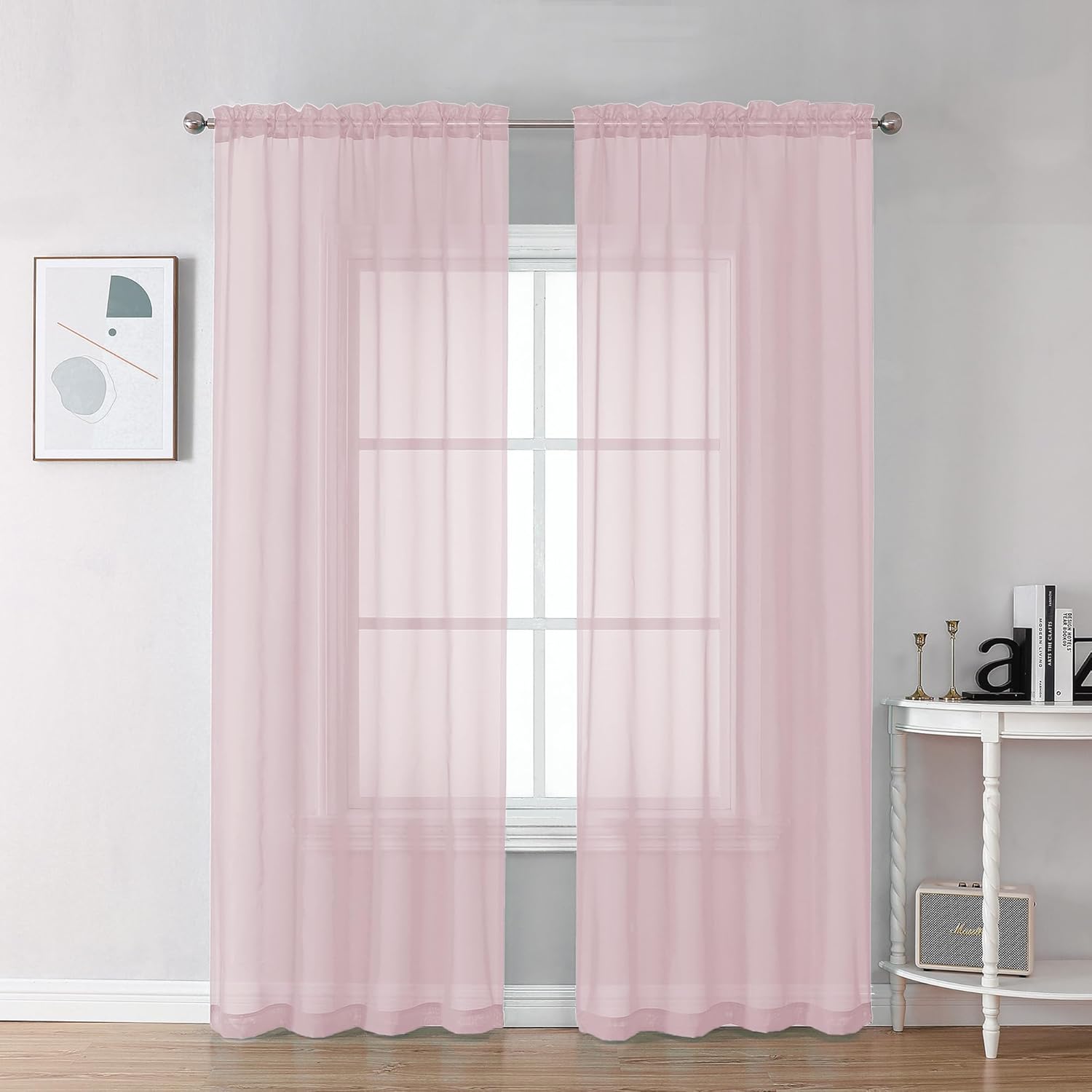 Chyhomenyc Sheer Blush Pink Curtains 90 inches Long 2 Panels, Light Filtering Soft Airy Solid Elegant Voile Window Treatment Drapes for Bedroom Living Room Wedding Party Decor, 42 Wx90 L Inches