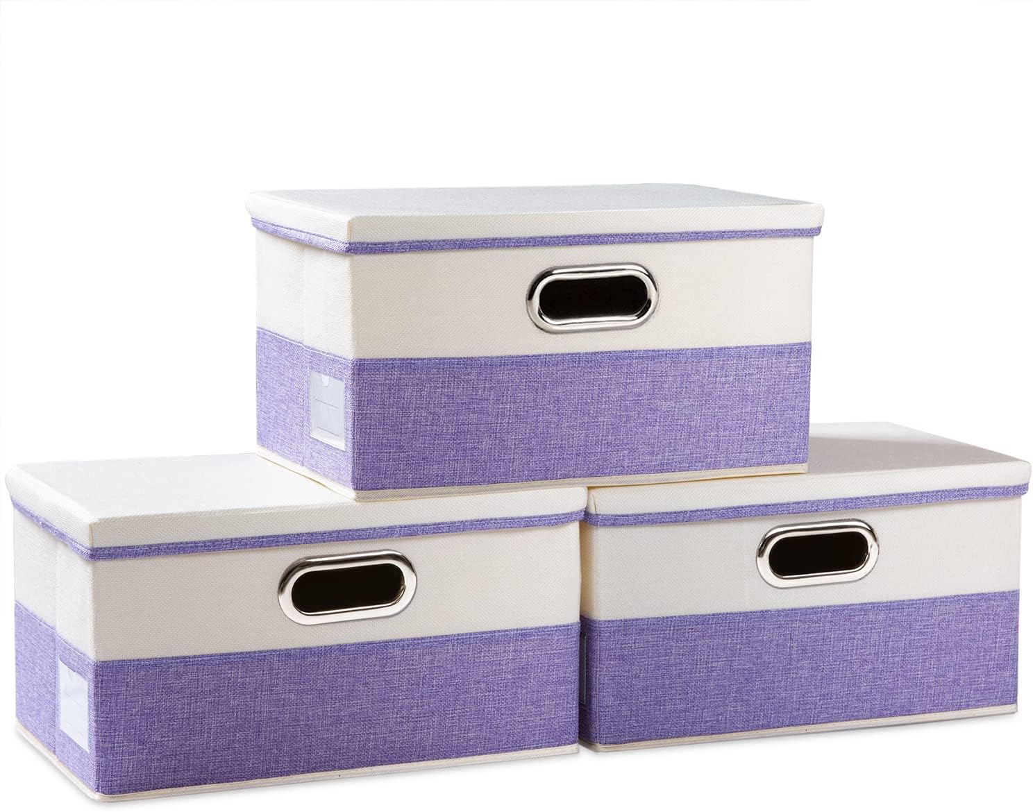 PRANDOM Collapsible Storage Bin with Lid [3-Pack] Fabric Foldable Storage Box Organizer Container Basket Cube with Cover for Home Bedroom Closet Office Nursery Purple&Cream(14.9x9.8x9.8)