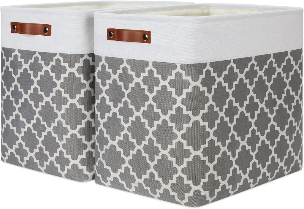 DULLEMELO Storage Baskets Large 17"x12"x15" Foldable Rectangular Storage Bins Baskets for Organizing [2 Pack] Fabric Nursery Storage Baskets for Home,Office,Closet,Clothes,Toys (White&Lattice Grey)