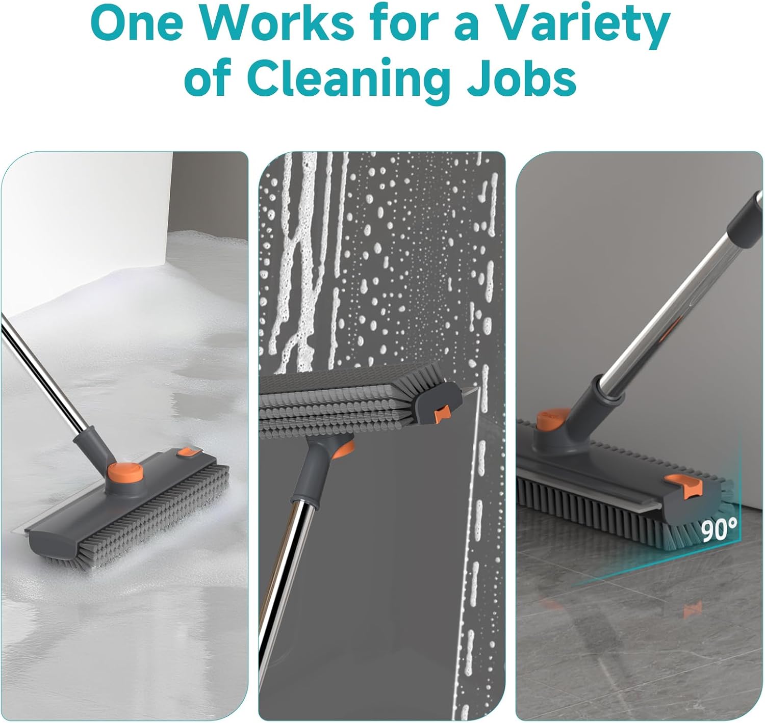 Floor Scrub Brush with Long Handle Length Adjustable, 3 in 1 Heavy-Duty Stiff 90° Bristle Floor Scrubber Broom with Squeegee, Cleaning Brush for Bathroom, Garage, Kitchen, Tile, Deck & Patio (Gray)