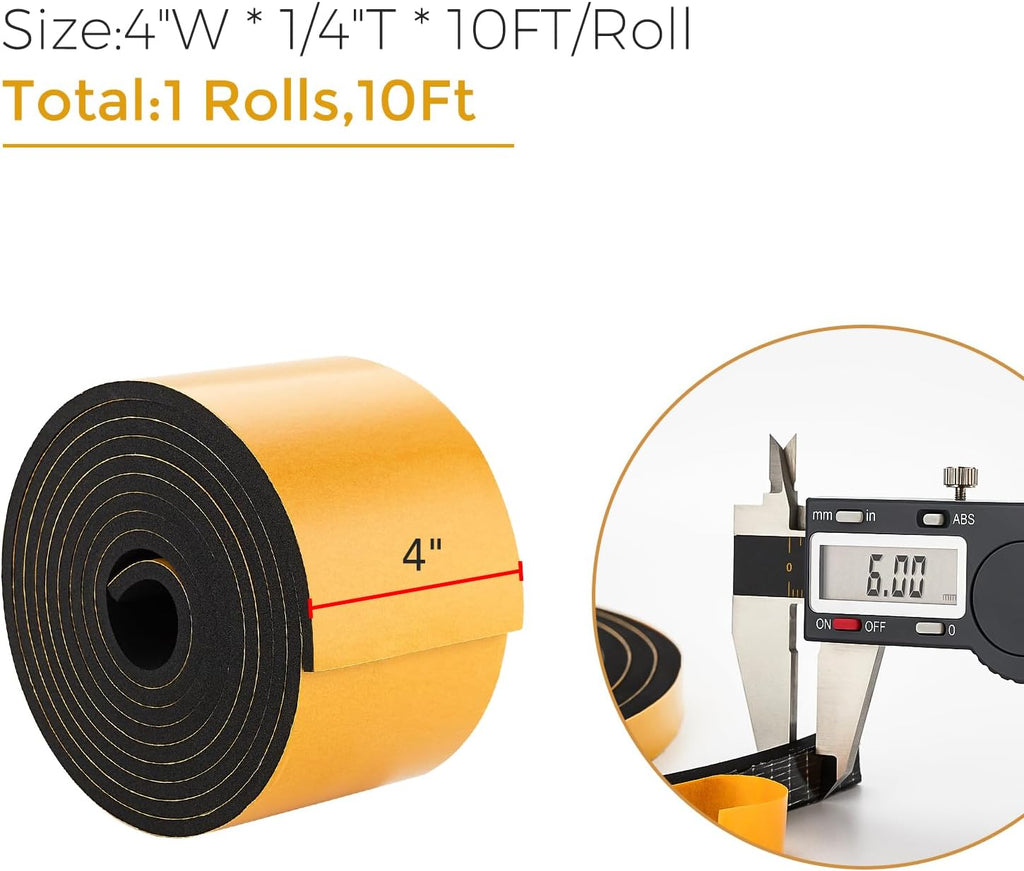 10 Feet Weather Stripping Door Seal, 4" Wide X 1/4" Thick Door Seal Strip High Density Foam Tape Adhesive Strip for Door Soundproofing,Window Insulation (4" x 1/16" x 10FT, Black)