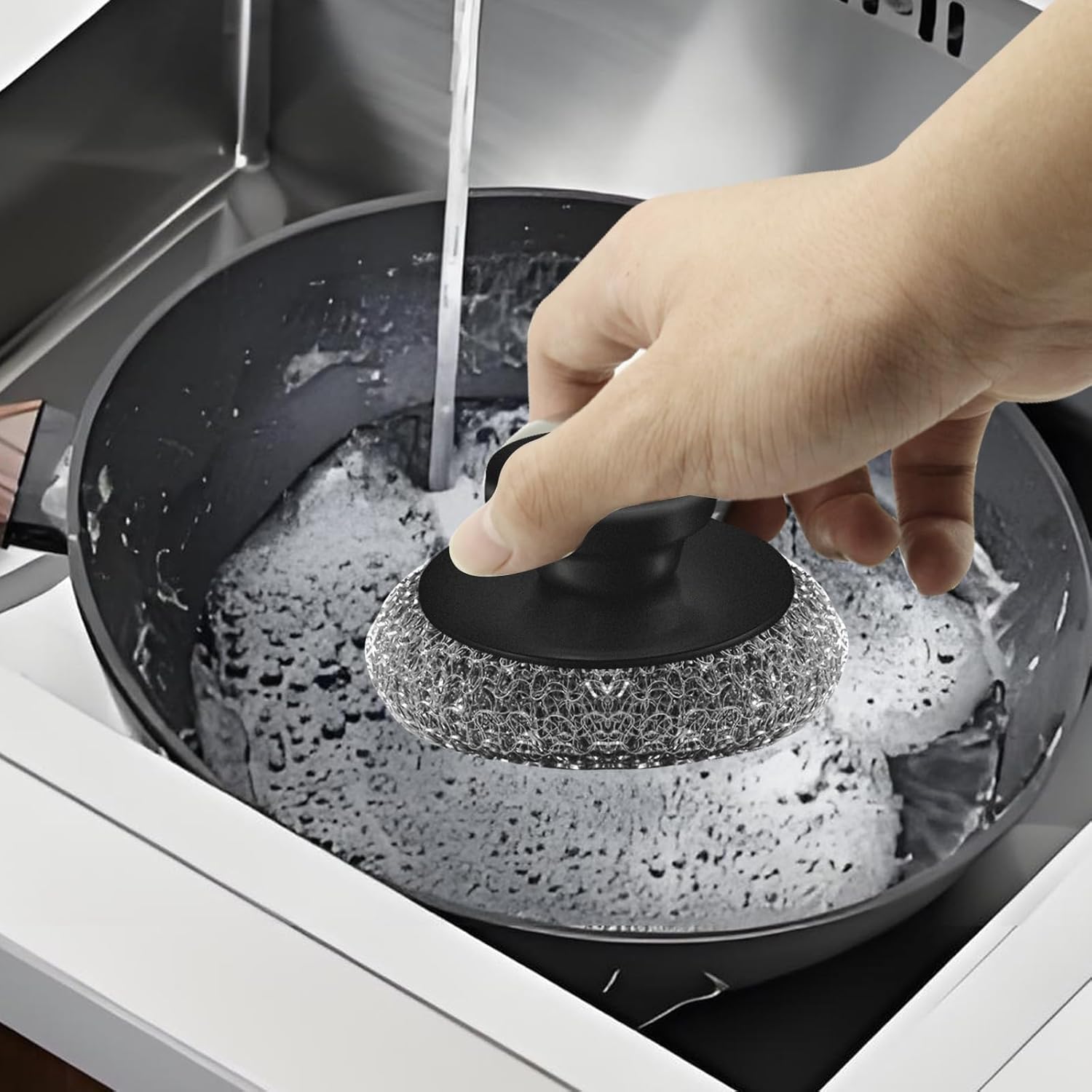 Scrubber with Handle Comes with Three Replacement Balls Steel Wool, Short Handle Scrubber, Steel Wool Scrubber Supplies Dish Scrubber, Stainless Steel Scrubber Tool Metal Scrubber for Dishes