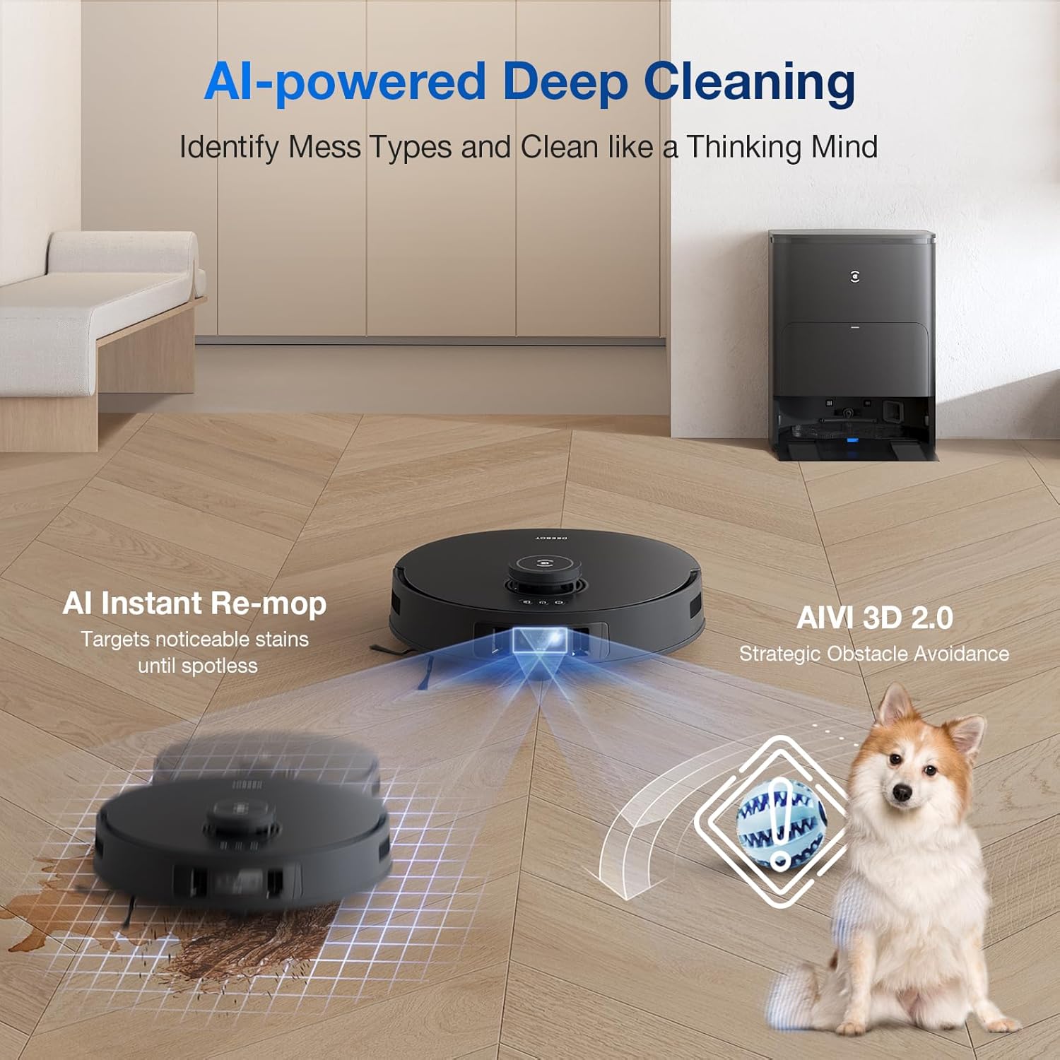 ECOVACS DEEBOT T30S AI Care Robot Vacuum and Mop, 11000Pa, TruEdge Adaptive Edge Mopping, ZeroTangle, AI Instant Re-mop, Hot Water Mop Washing, Self-Emptying & Refilling, Obstacle Avoidance