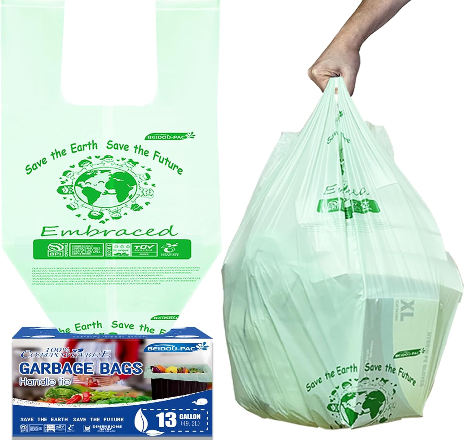 13 Gallon Compostable Trash Bags, 30 Count, Compost Bags Tall Kitchen Trash Bags with Handle, Sturdy Biodegradable Garbage Bags Food Scrap Waste Bags, ASTM D6400, US BPI Certified