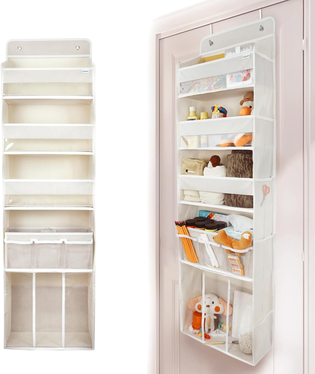 Door Hanging Storage Organizer,with 3 Bins 1 Movable Baby Diaper Caddy,1 Large capacity diaper stacking storage Organizer,10 Side Pockets ,Bedroom Door Storage for Nursery Baby Essentials. (Beige)