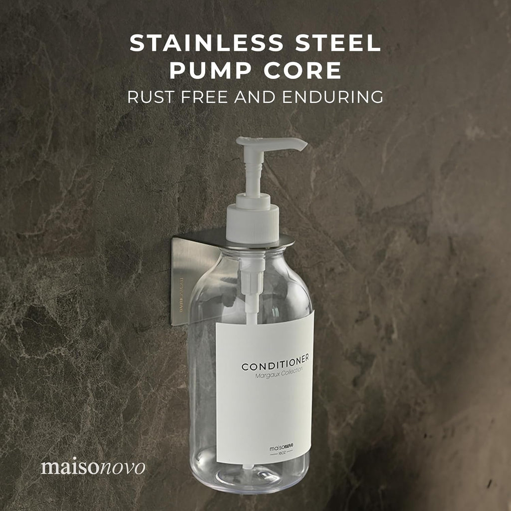 MaisoNovo Shampoo and Conditioner Dispenser - Shower Soap Dispenser Wall Mounted - 16.9 fl oz Set of 1 Clear Plastic Bottles White Pump - 1 Chamber No Drill