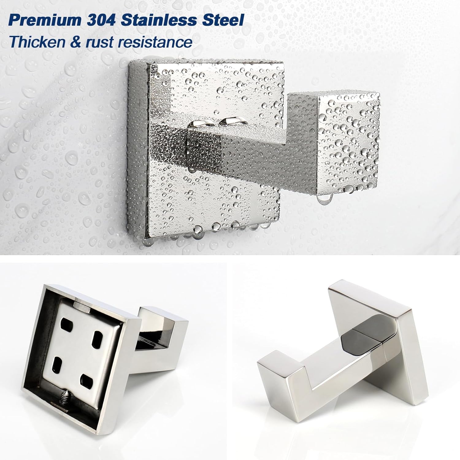 NearMoon Bath Towel Hooks -SUS304 Stainless Steel Square Clothes Robe Hooks Hanger, Heavy Duty Coat Hooks for Bathroom Livingroom Hotel Kitchen Garage, Wall Mounted - 3 Pack (Chrome Finish)