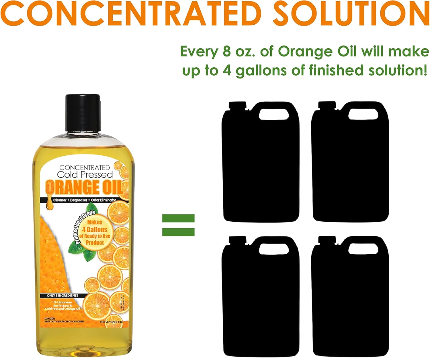 Cold Pressed Orange Oil Concentrate | 8-ounce Professional Grade All-Purpose Citrus Cleaner, Degreaser & Pet Odor Eliminator Blend | Dilutes to 4 Gallons of Finished Product | Home and Outdoor Use