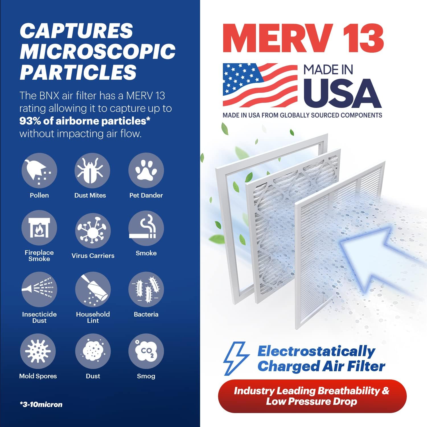 BNX TruFilter 16x16x1 Air Filter MERV 13 (6-Pack) - MADE IN USA - Electrostatic Pleated Air Conditioner HVAC AC Furnace Filters for Allergies, Pollen, Mold, Bacteria, Smoke, Allergen, MPR 1900 FPR 10