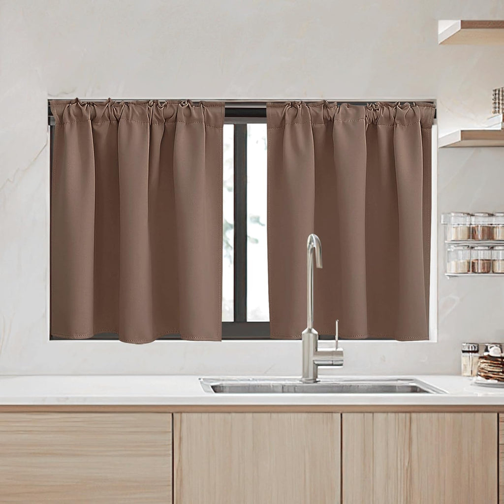 RYB HOME Small Window Curtains - Blackout Insualting Privacy Curtains for Kids Bedroom Kitchen Bathroom Basement Cafe Cabinet Tiers Drapes, 34 Width x 30 Length, 2 Panels, Mocha
