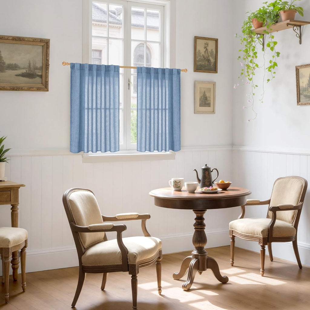 YoungsTex Denim Blue Short Linen Curtains 40 Inch Length for Kitchen Window, Semi Sheer Window Drapes with Rod Pocket Back Tab Light Filtering Privacy for Bathroom, 2 Panels, 42 x 40 Inch