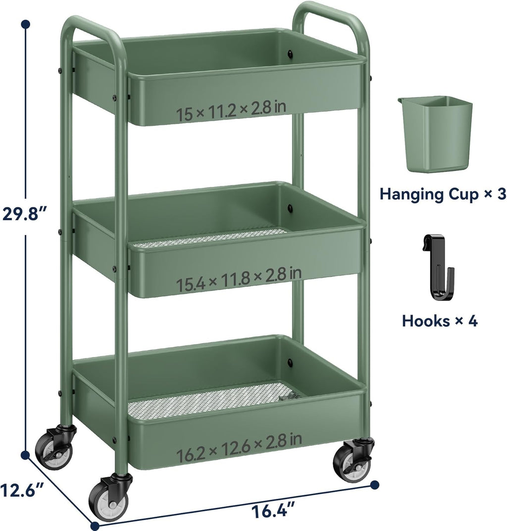 YASONIC 3-Tier Rolling Cart, Green, 66 Pounds Capacity, Mesh Storage Organizer with Lockable Wheels, 3 Hanging Cups, 4 Hooks, Easy Assembly, for Kitchen, Bathroom, Laundry, Grocery