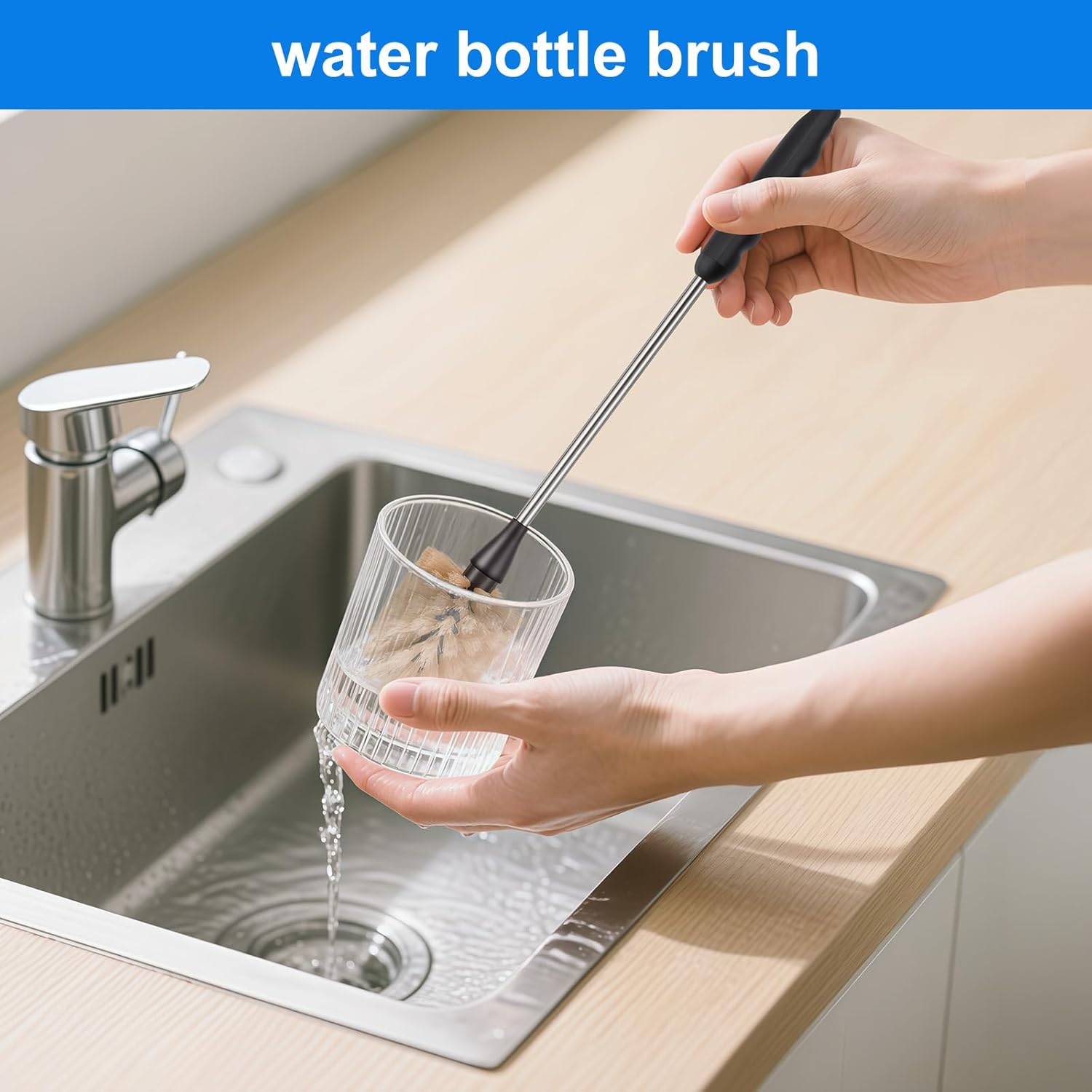 Bottle Brush, 15-inch Stainless Steel Long Handle Cleaning Brush, Kitchen Cleaning Brush, for Cleaning Water Bottles, Glasses, Baby Bottles, Glassware, Food Jars, Cups, Wine Aerators, Brown