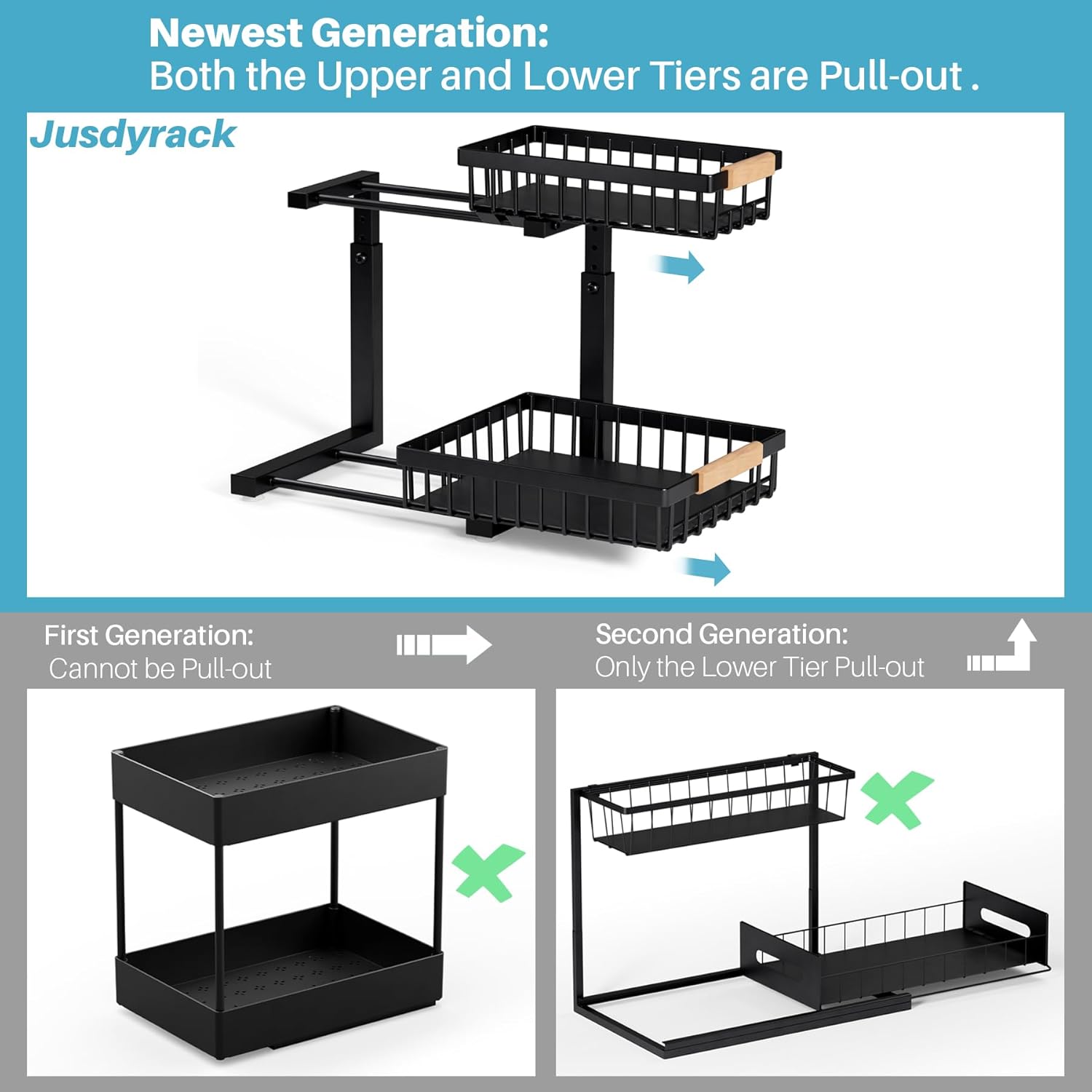 1 Packs 2 Tier Under Sink Organizers, Sliding Pull Out Cabinet Organizer Storage Shelf, Metal Drawer for Kitchen, Bathroom, Pantry Closet Organization Rack,Black