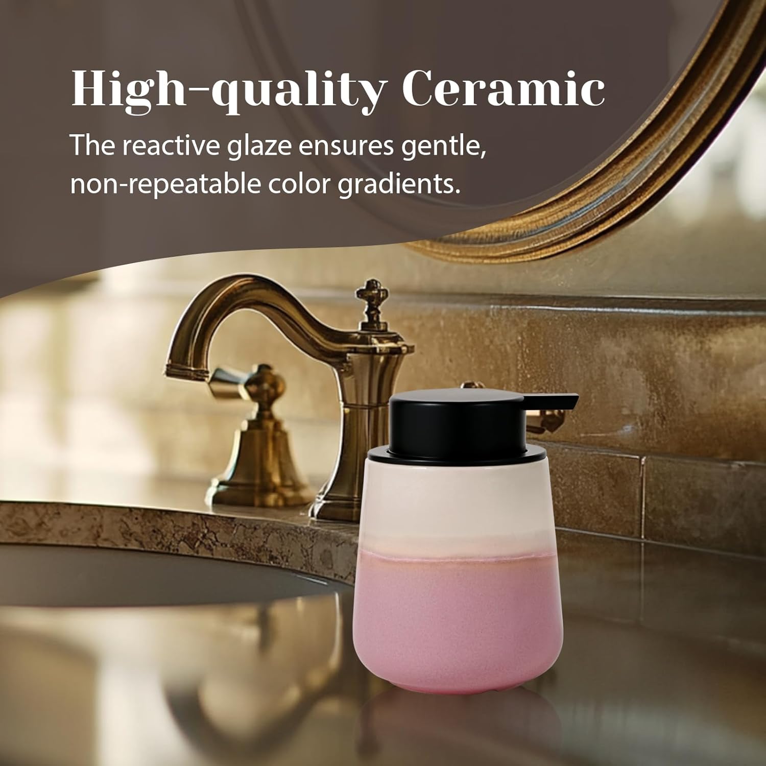 INGOFIN Ceramic Hand Soap Dispenser - 12 oz Liquid Lotion Dispenser Bathroom, Refillable Modern Dish Soap Dispenser with Pump for Kitchen, Beige and Pink