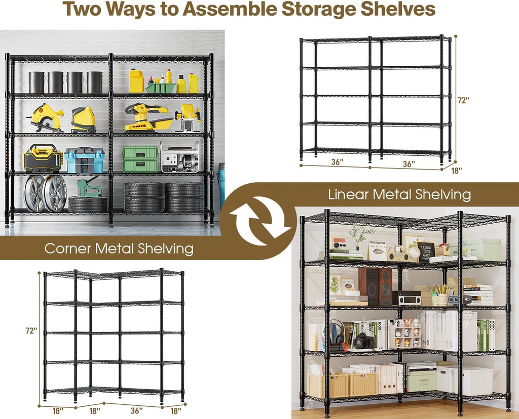 Himimi 72" W Wire Rack Shelving-2000LBS Capacity, Adjustable Storage Shelves Metal Shelves for Storage, 5-Tier Heavy Duty Wire Organizer for Kitchen, Garage, Pantry, 72" W x 18" D x 72" H, Black
