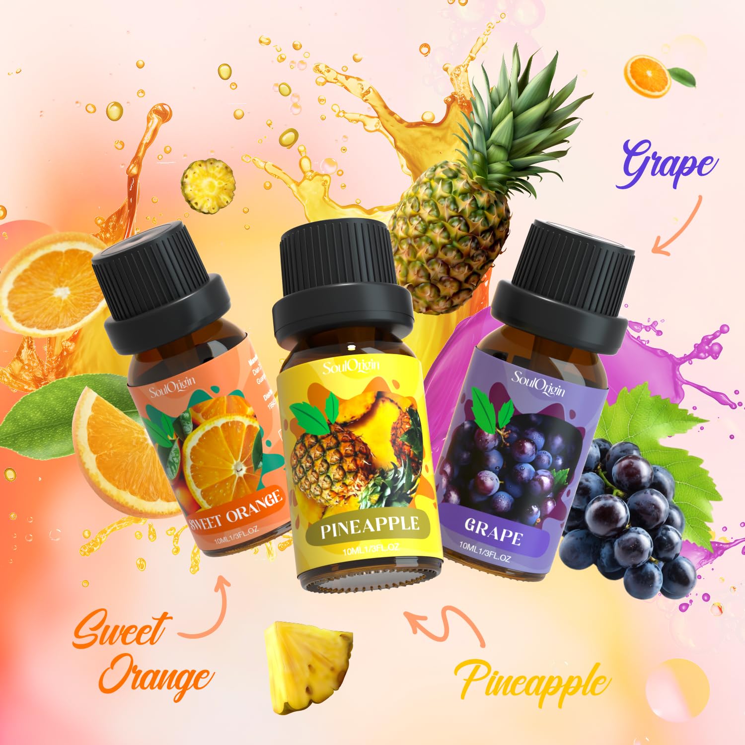Fruit Essential Oils Set, Fragrance Oil Set for Diffuser, Scent Diffuser Oil for Candle Making- Pineapple, Sweet Orange, Grape, Green Apple, Blueberry, Watermelon