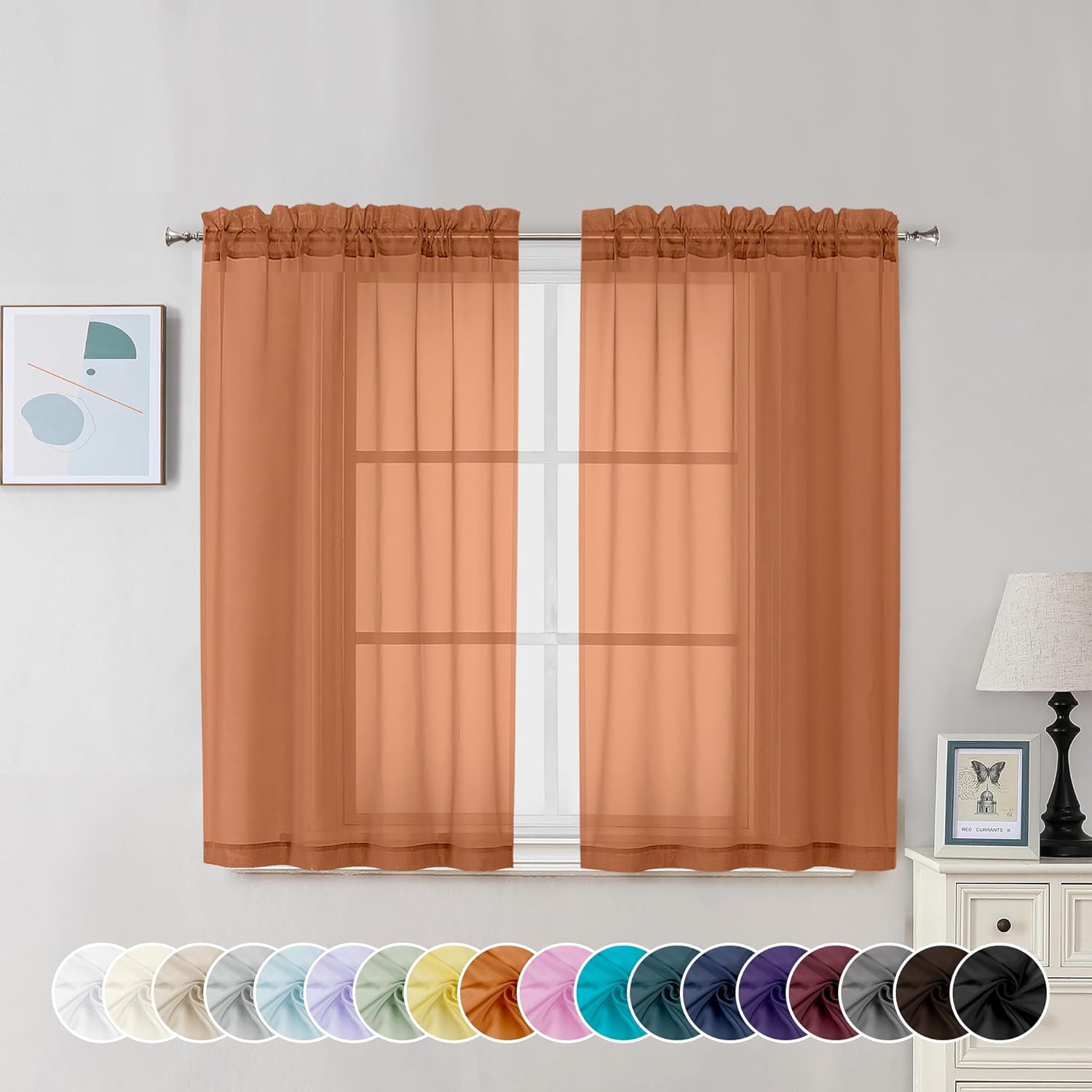 Chyhomenyc Orange Sheer Curtains 45 Inch Long 2 Panels, Light Filtering Rod Pocket Voile Short Curtains Drapes for Living Room Bedroom Small Windows, 42Wx45L Inches