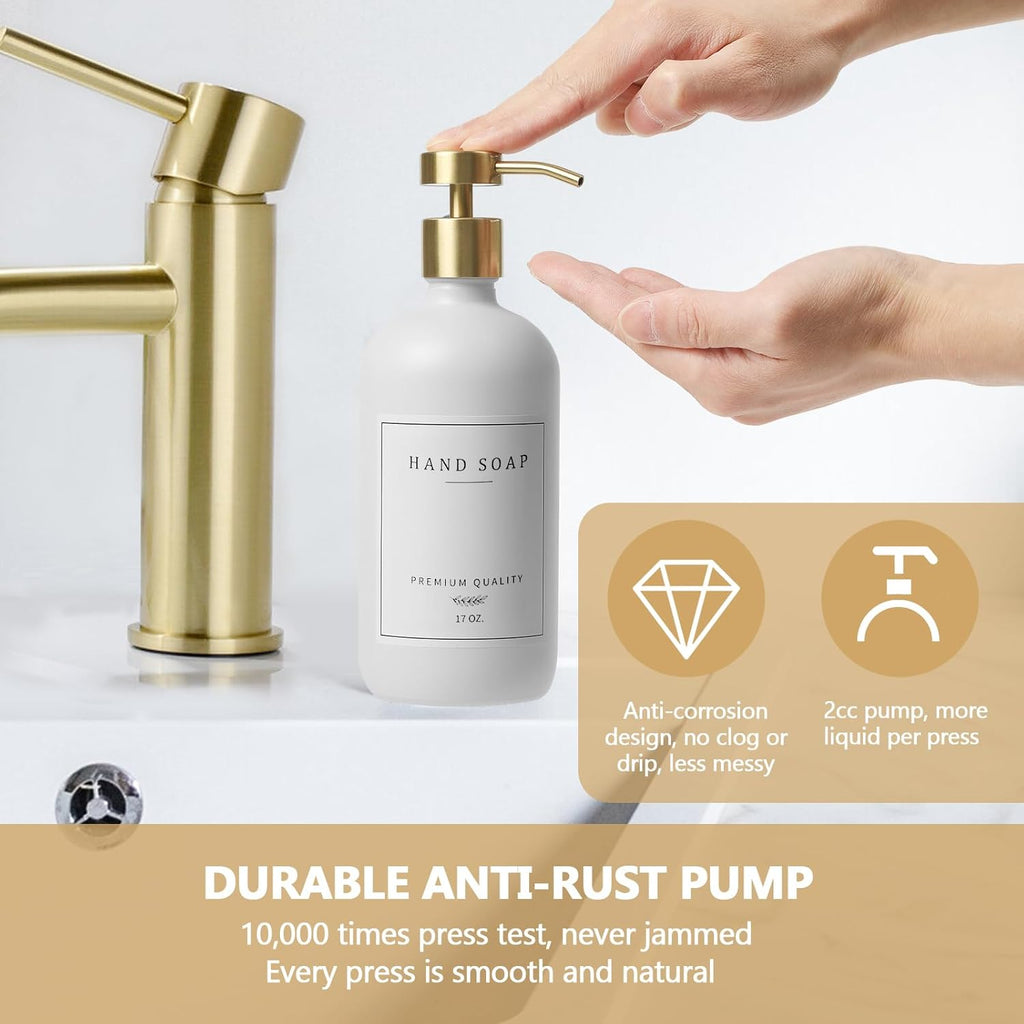 Soap Dispenser Bathroom - Kitchen Dish and Hand Soap Dispenser Set, Glass Bathroom Soap Lotion Dispenser with Pump, Tray, 14 Waterproof Labels, Set of 2 White Bottle/Gold Pump-pd