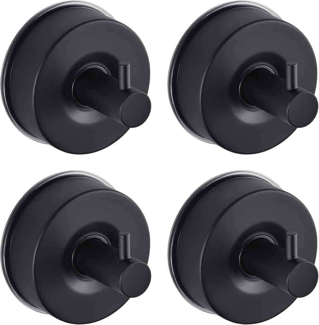 JOMOLA Stainless Steel Bathroom Suction Hooks - No Drill Adhesive-Free Wall Mount for Shower, Towel & Robe, Rustproof Metal Hardware with Damage-Free Grip, Matte Black (4-Pack)