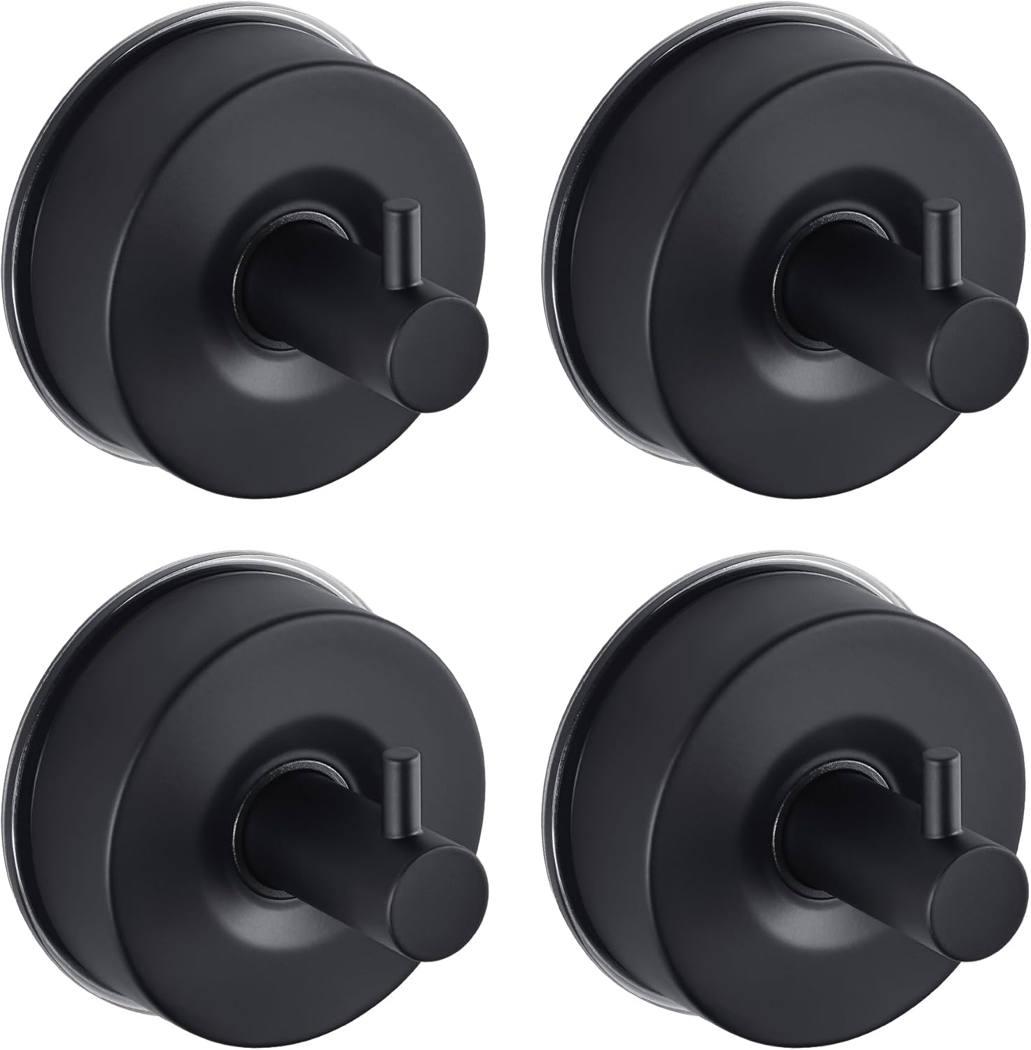 JOMOLA Stainless Steel Bathroom Suction Hooks - No Drill Adhesive-Free Wall Mount for Shower, Towel & Robe, Rustproof Metal Hardware with Damage-Free Grip, Matte Black (4-Pack)