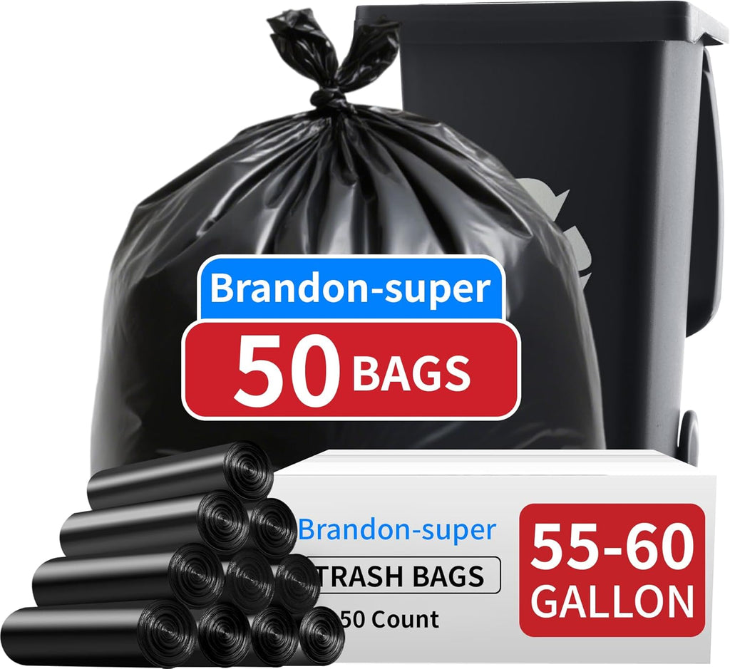 Brandon-super 55-60 Gallon Trash Bags, 50 count, Sturdy & Tear-Resistant Commercial Can Liners 55 Gallon, Large Garbage Bags, Large Black Trash Bags for Commercial, Lawn and Leaf Bags