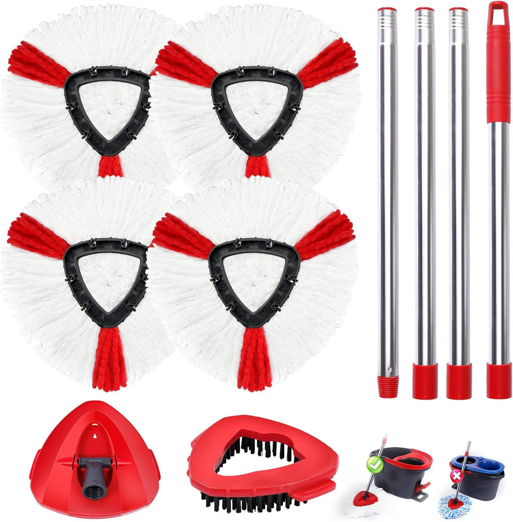 Mop Heads Replacements Complete Combo for O-Ceda,4 Pcs Red Machine Washable Microfiber Spin Mop Refills Replace Heads,1 Scrub Brushs,1 Base,1 Set Handle,Spin Mop Replacements for Tub and Tile Cleaning