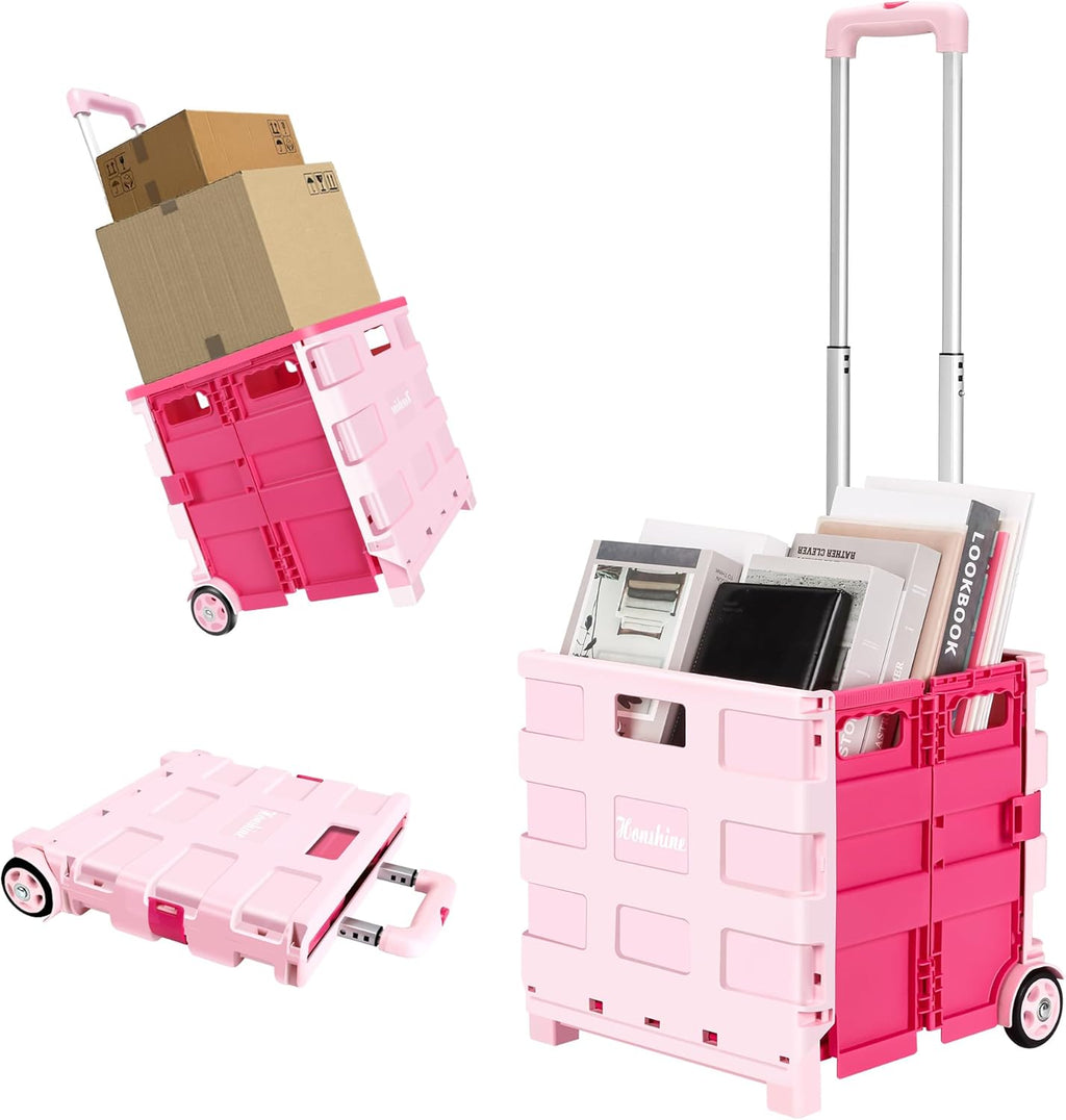 Foldable Rolling Cart on Noiseless Wheels: Portable Utility Cart for Grocery Books File Office (Pink)