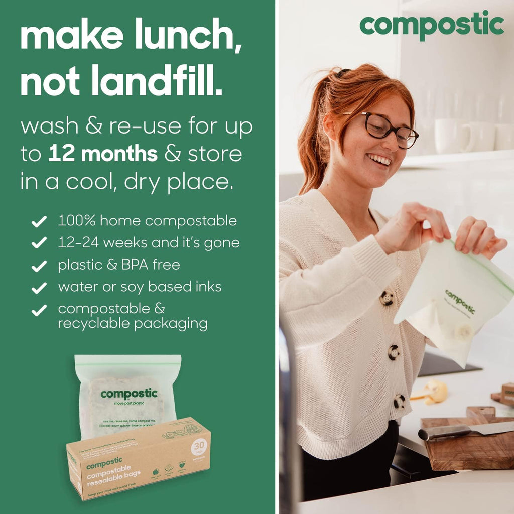 Compostic Home Compostable Resealable Sandwich Bags (7"x7"), Microwave & Freezer Safe, Organic Food Storage Container, 100 Count (Pack of 1)
