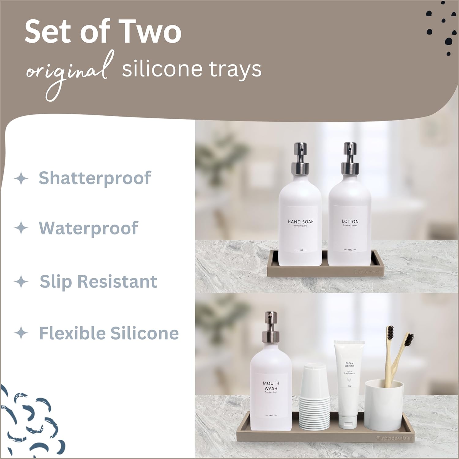 Countertop and Vanity Tray - 2 PC (11” and 7”) Shatterproof Silicone Kitchen and Bathroom Trays for Counter, Kitchen Soap Dispenser Tray, Vanity Trays for Bathroom, Perfume Key Tray