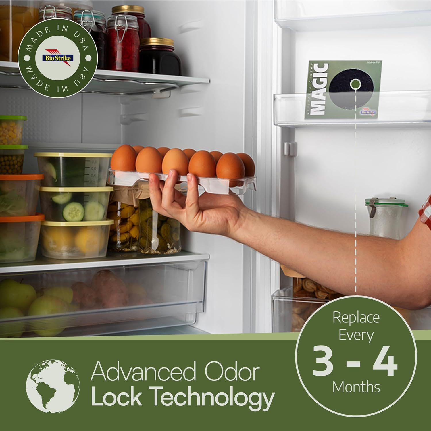 BioStrike Odor Magic - Activated Charcoal Odor Absorber Pads - Kitchen Odor Remover - Easy Peel & Stick Design - All Natural Filters for Trash Cans, Fridges & Small Spaces - Made in USA (8 Pack)