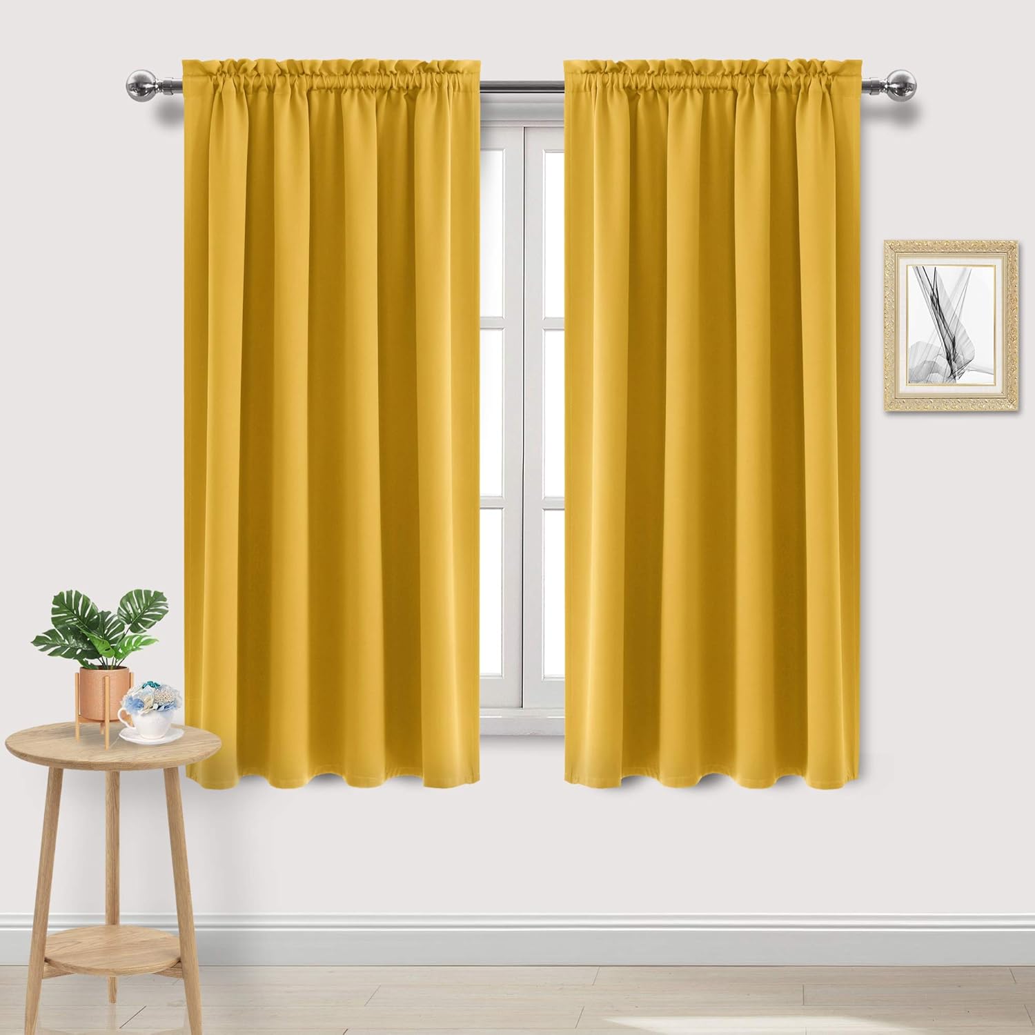 DWCN Blackout Curtains Room Darkening Thermal Insulated Bedroom Curtains Window Curtain Panels, 52 x 63 inches Long, Set of 2 Yellow Rod Pocket Drapes