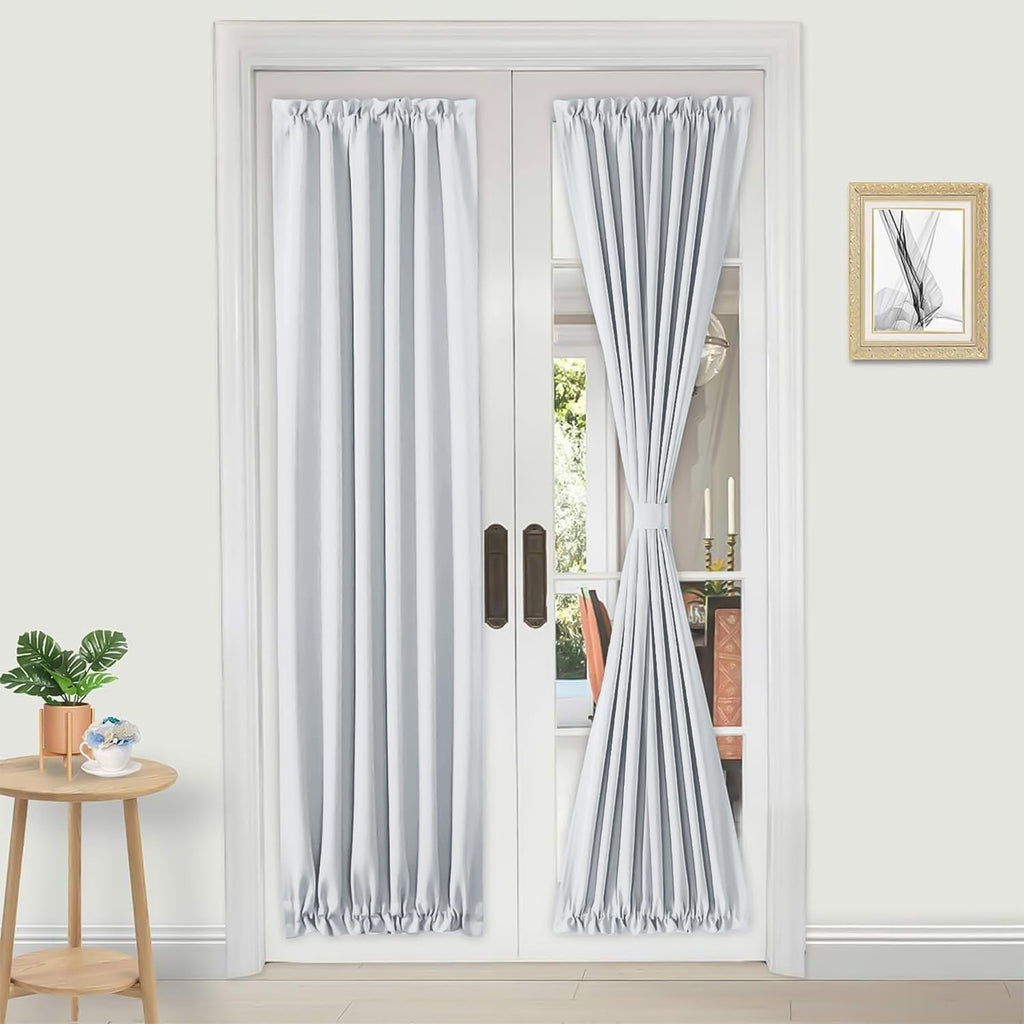 DWCN French Door Curtains – Rod Pocket Thermal Curtain for Doors with Glass Window, Kitchen and Patio Doors for Privacy, 25 X 80 Inches Long, 1 Curtain Panel with Tieback, Greyish White