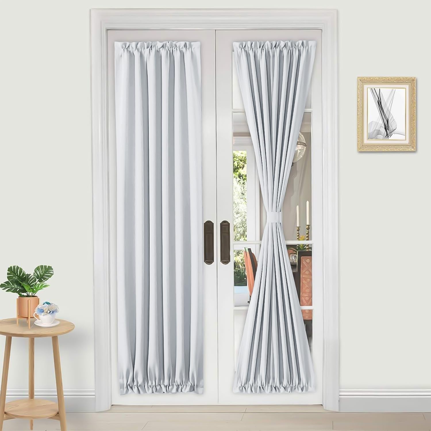 DWCN French Door Curtains – Rod Pocket Thermal Curtain for Doors with Glass Window, Kitchen and Patio Doors for Privacy, 25 X 80 Inches Long, 1 Curtain Panel with Tieback, Greyish White
